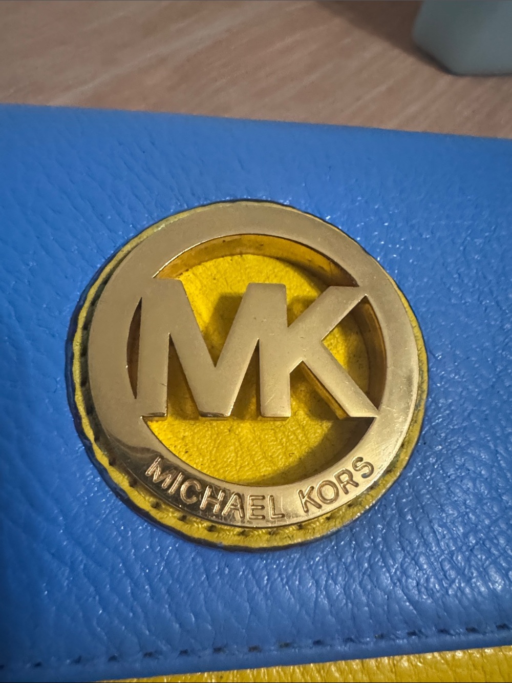 Michael Kors Blue and Yellow Pebbled Leather Flap Wallet with Gold Logo - Picture 15 of 17